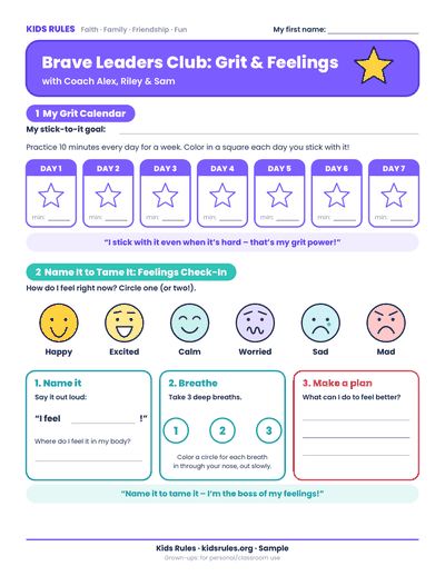 Preview of the Brave Leaders Club printable with a 7-day grit calendar and a Name It to Tame It feelings check-in