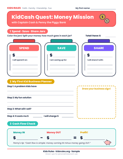 Preview of the KidCash Quest Money Mission printable with Spend, Save and Share jars and a first-business planner