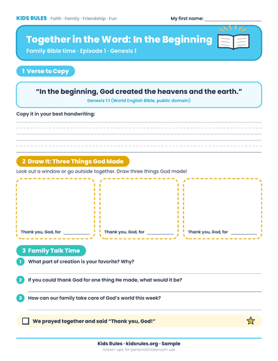 Preview of the Together in the Word In the Beginning printable with Genesis 1:1 copywork, thank-you drawing boxes and family talk questions